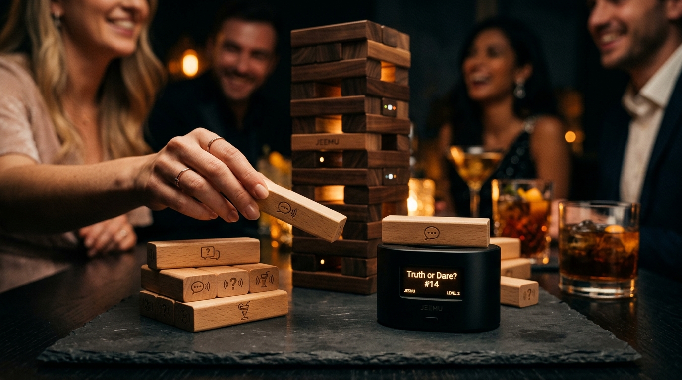 Jeemu authentic gameplay with solid beechwood blocks and pedestal dock